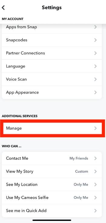 Manage Option - Snapchat