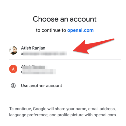 Choose gmail to login to chatgpt